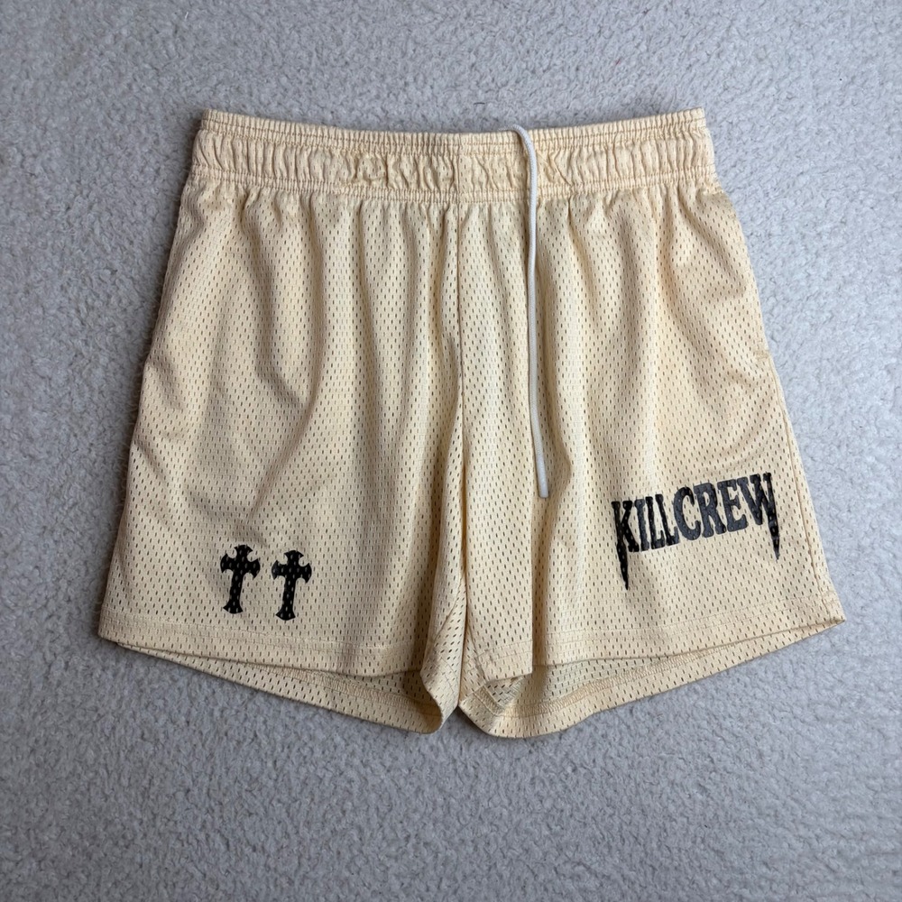 Kill Crew Mesh Gym Shorts Mens Large Yellow Cross Graphic Athletic Bodybuilding